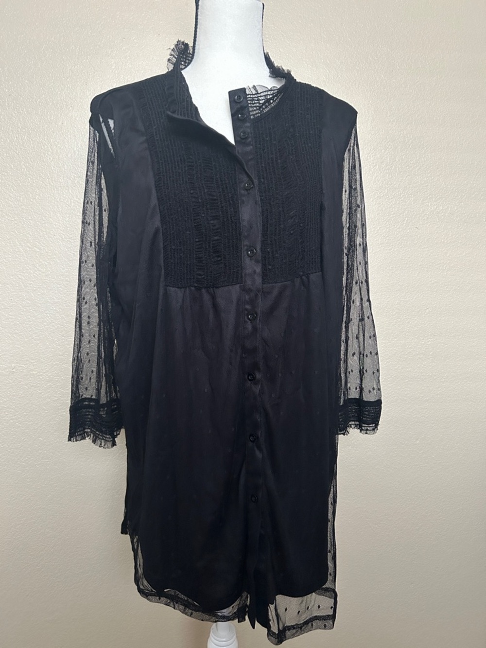 Suzanne Betro Black Sheer Lace-Trim Tunic